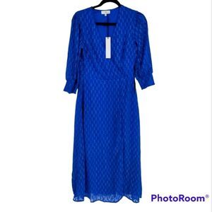 NSR Blue Metallic 3/4 Sleeve Midi Length Sheer Bottom Faux‎ Wrap Dress Medium